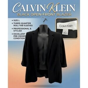 Calvin Klein Women's Black Open Front Blazer 3/4 Roll-Tab Sleeve Jacket Size L